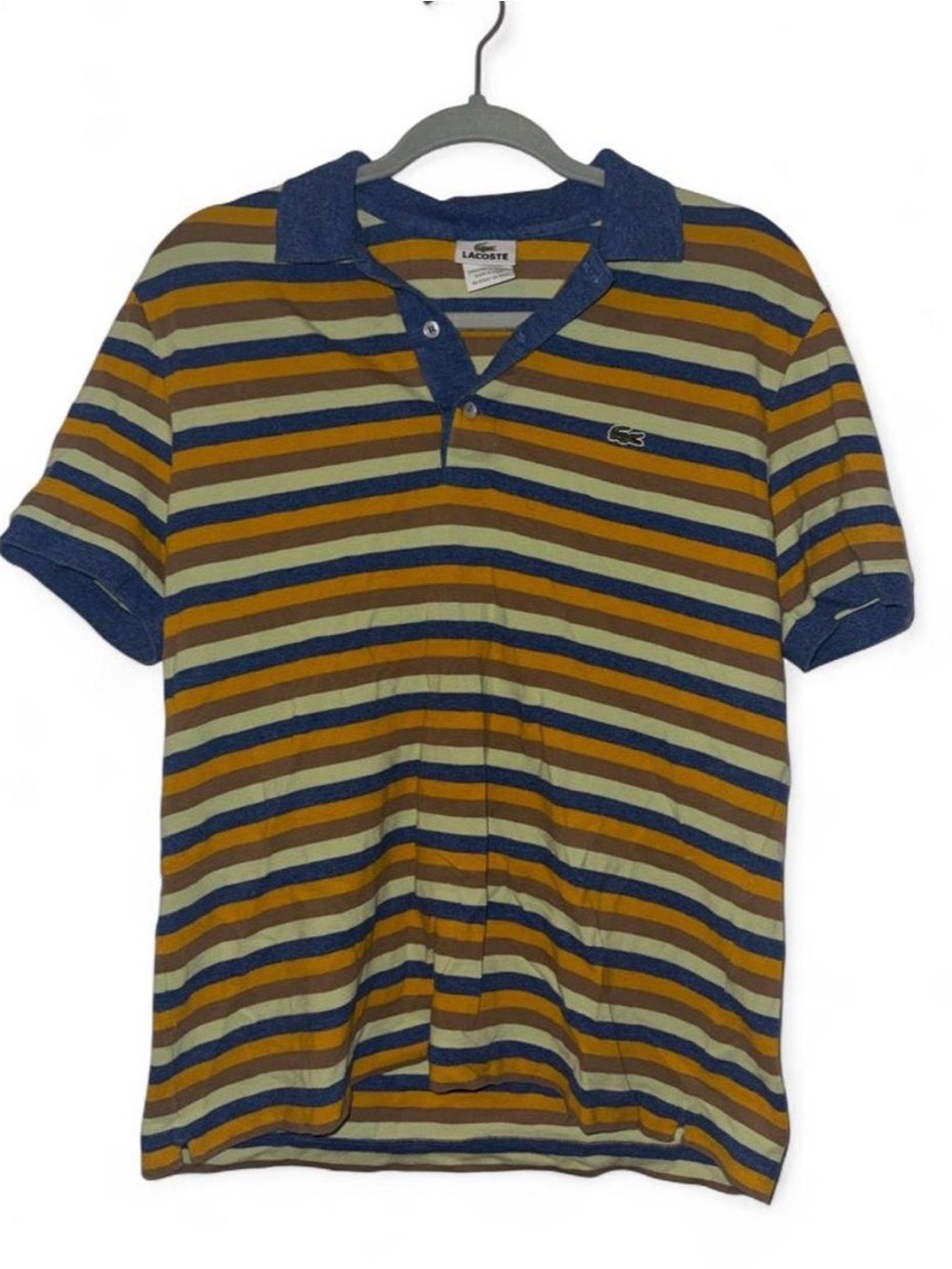 Lacoste Men’s Striped Polo — Blue, Brown & Cream